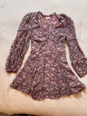 LoveShackFancy Pink Floral Long-Sleeve Viscose Mini Dress